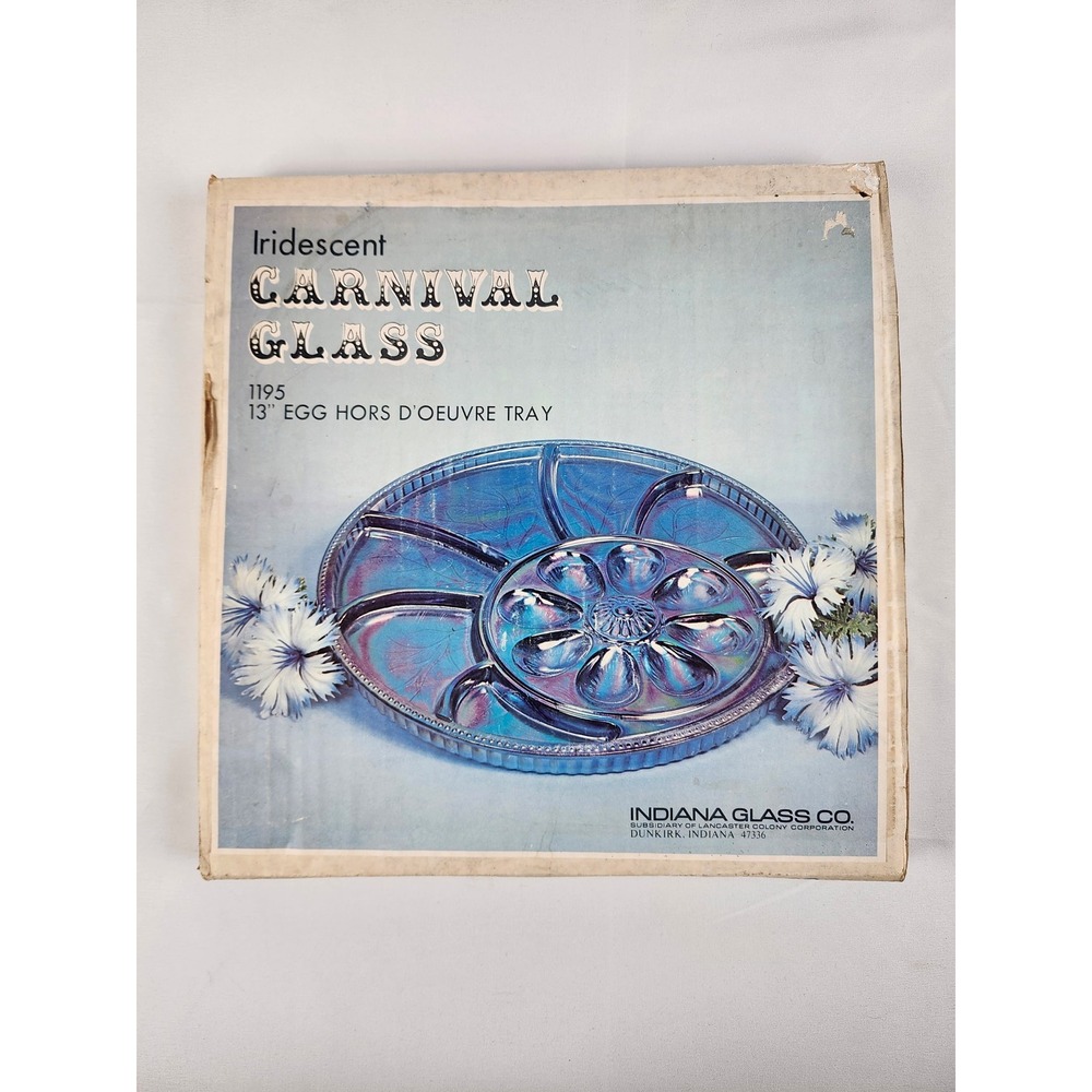 In Box Indiana Glass Carnival Deviled Eggs Hors D'Oeuvre Tray Blue Iridescent
